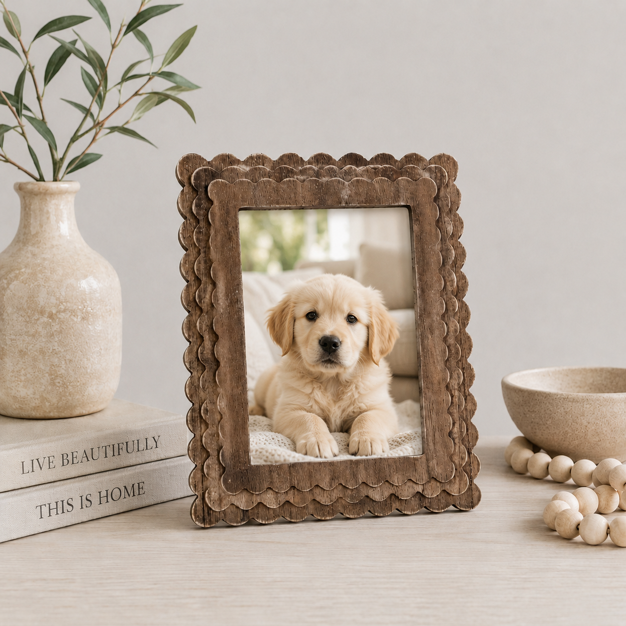 Espresso scalloped wood picture frame holding a 5x7 photo, front view