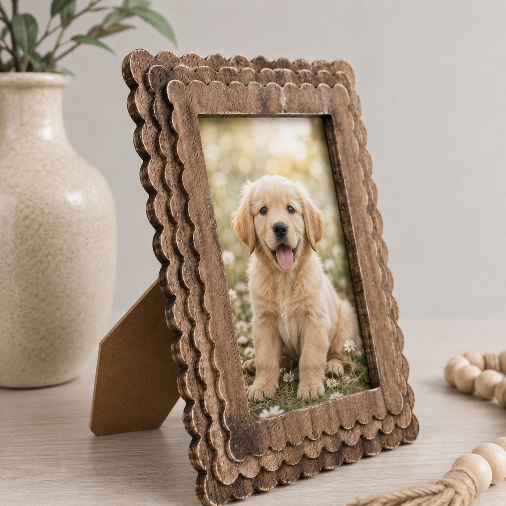 Espresso scalloped wood picture frame holding a 5x7 photo, angled view