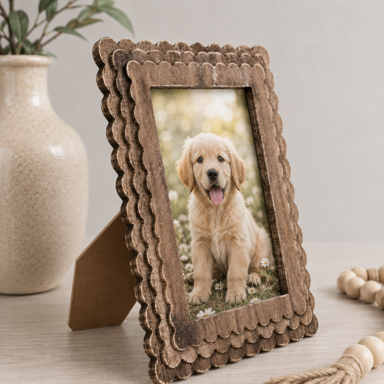 Espresso scalloped wood picture frame holding a 5x7 photo, angled view