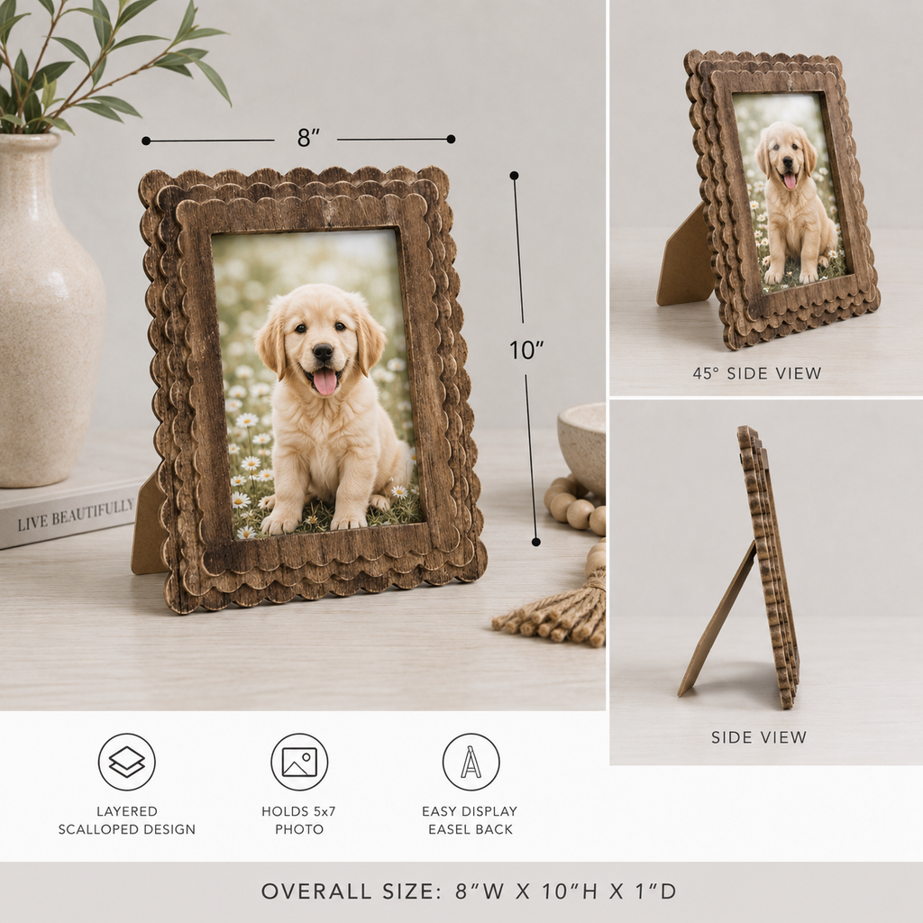 Espresso scalloped wood picture frame holding a 5x7 photo