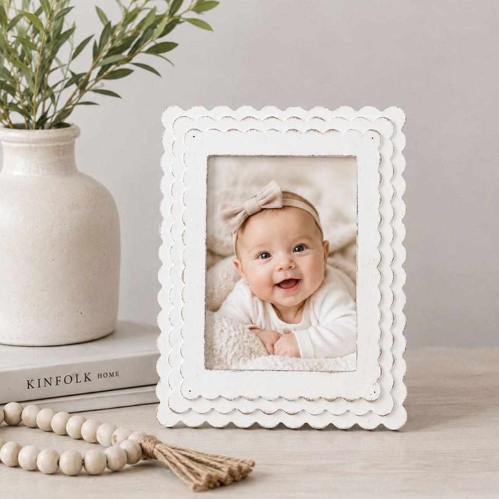 White scalloped wood picture frame holding a 5x7 photo, front view