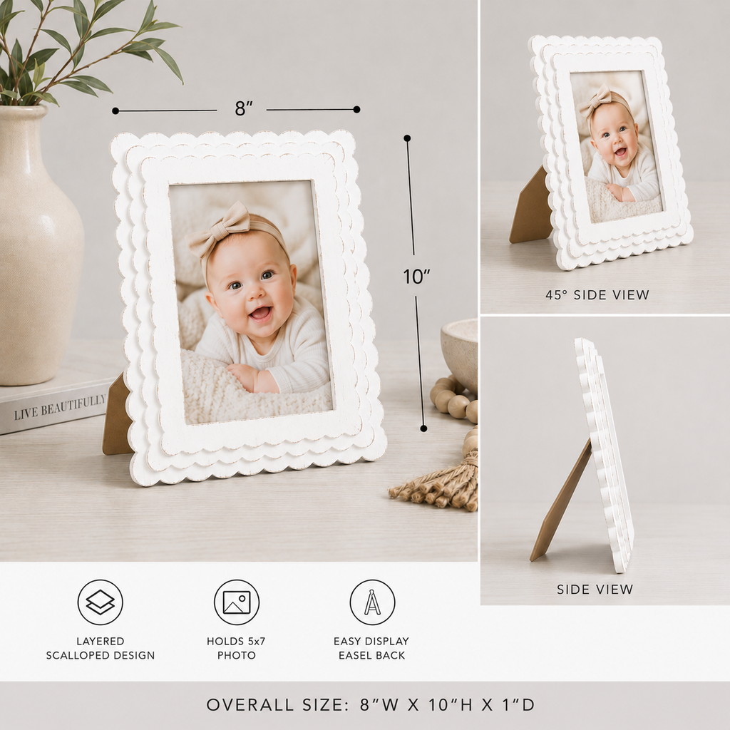 White scalloped wood picture frame holding a 5x7 photo
