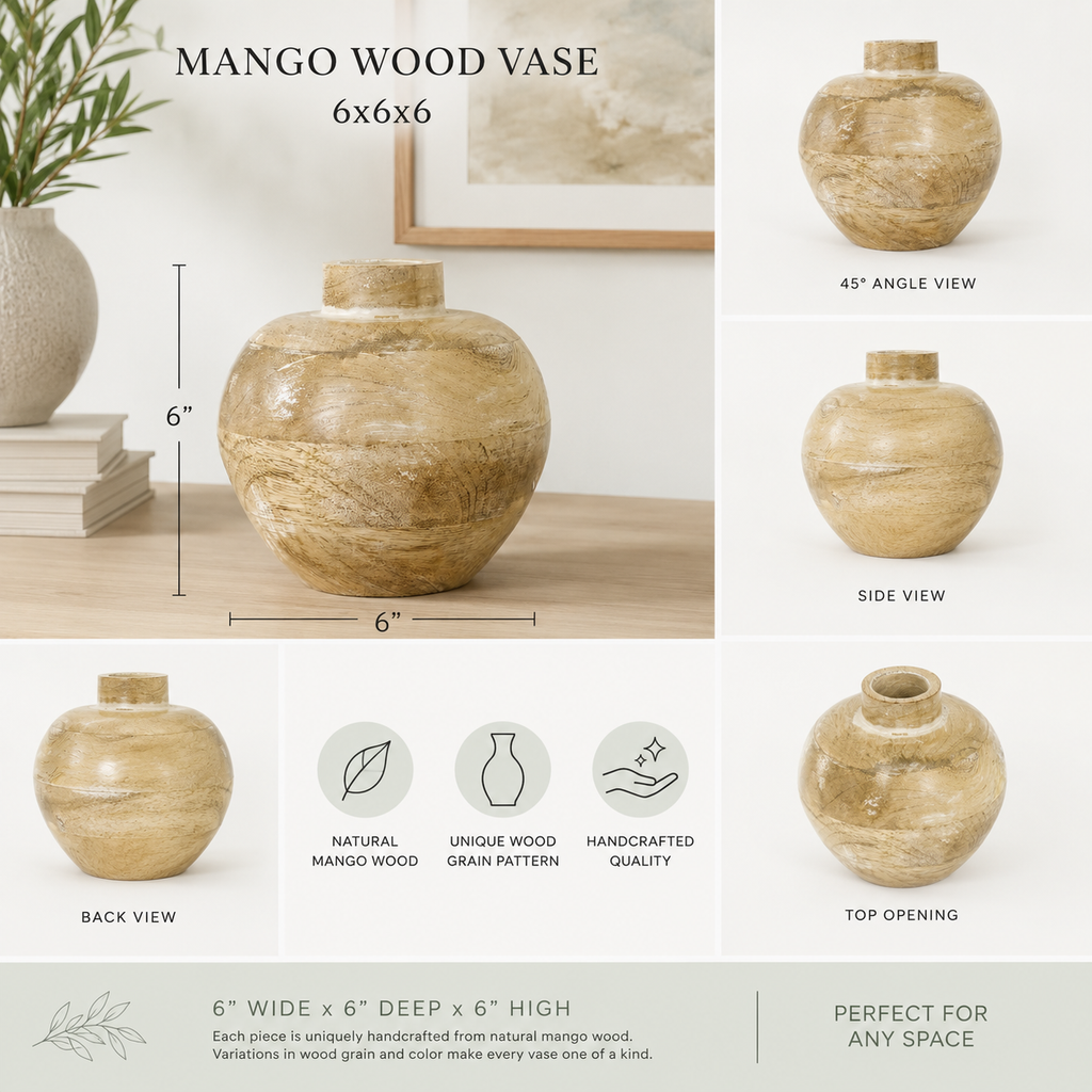 Natural and white mango wood vase with carved geometric details