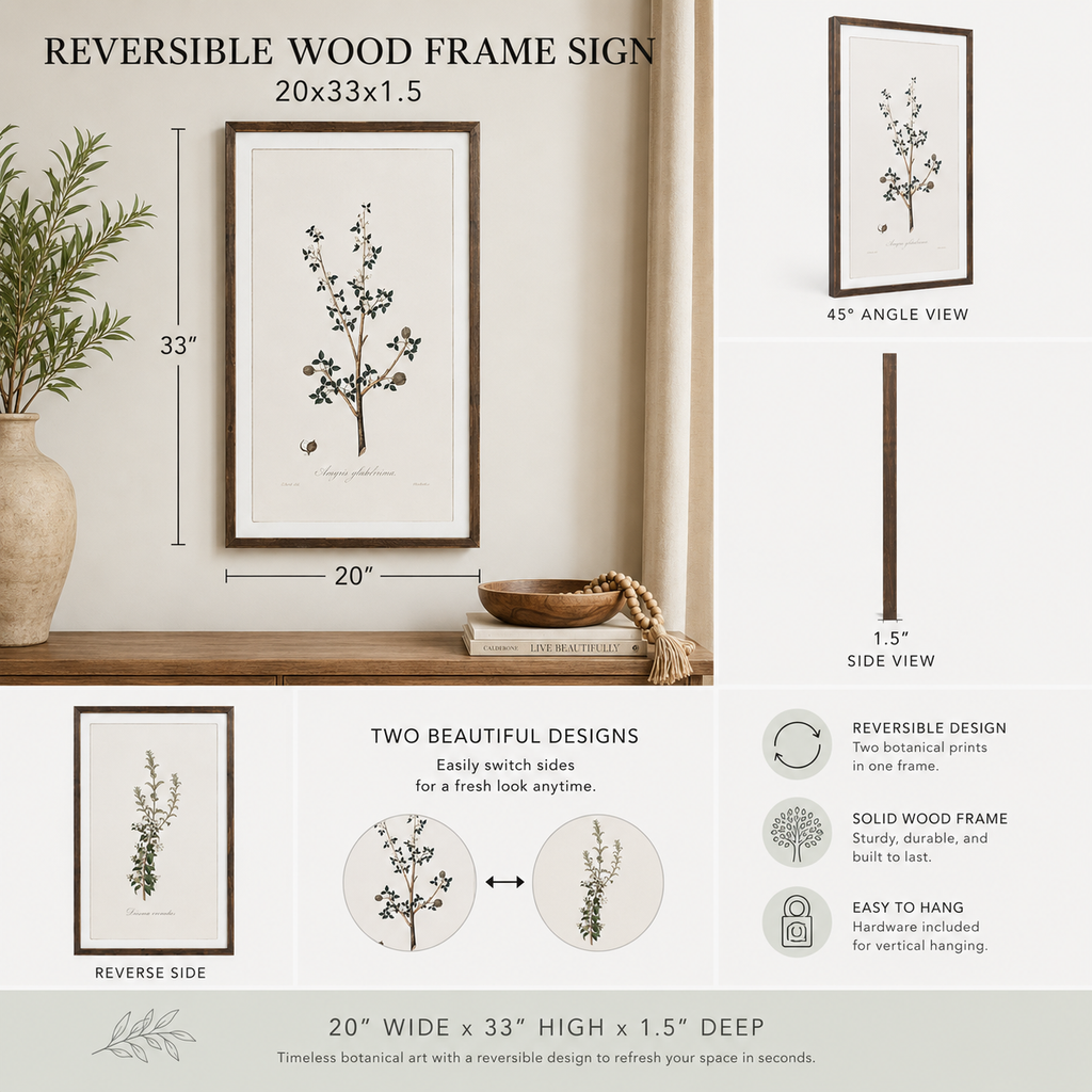 reversible wood framed wall art featuring nature displayed in a styled home interior.