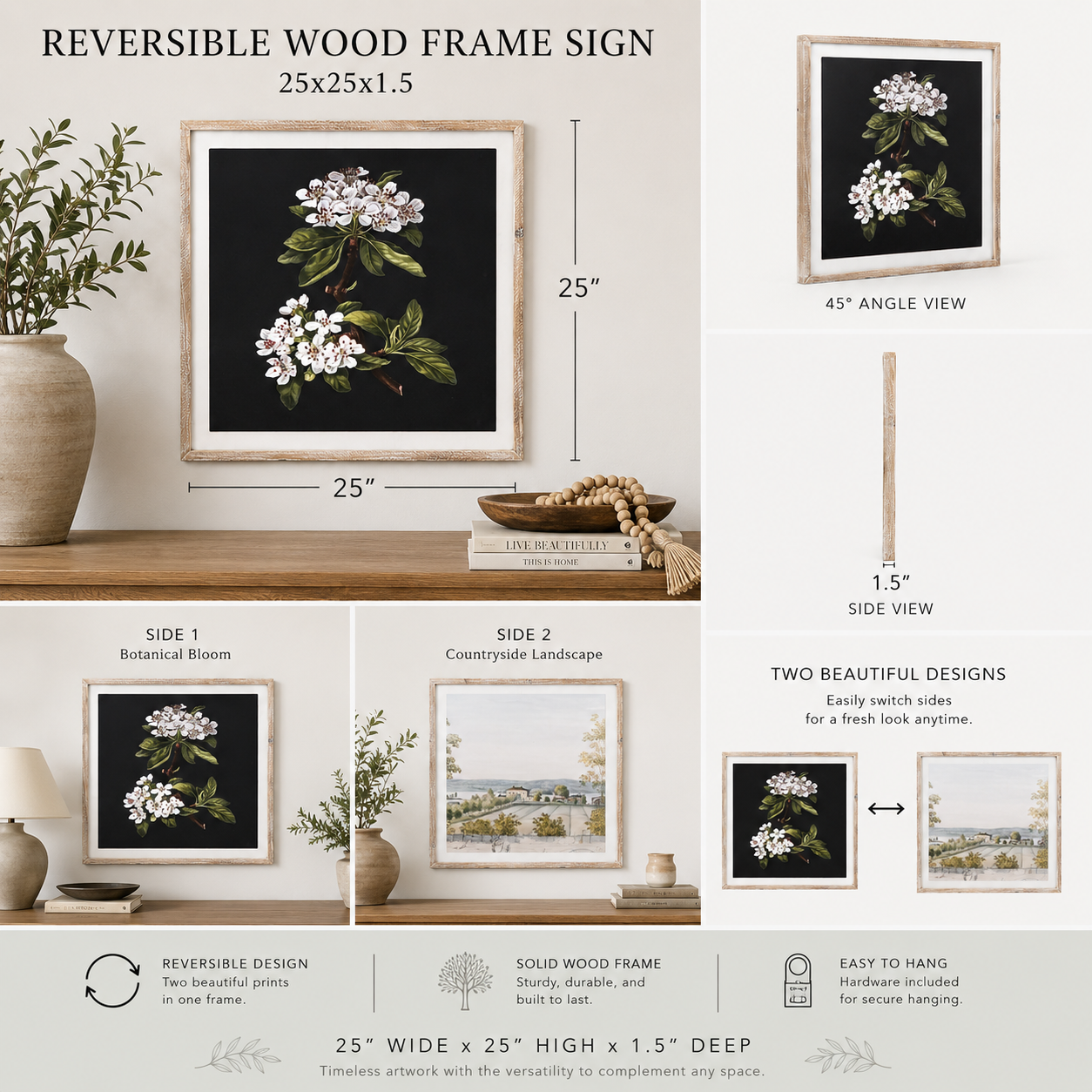 reversible wood framed wall art featuring flower & landscape displayed in a styled home interior.
