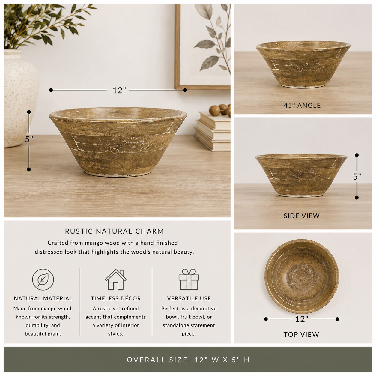 12" Mango Wood Decorative Bowl - Natural and White