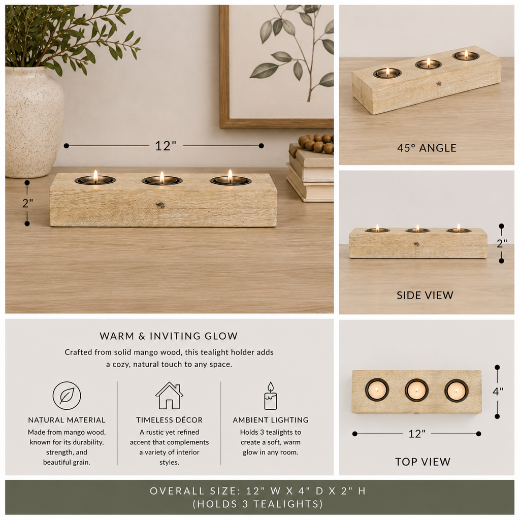 12" Mango Wood Tea Light Holder - Natural