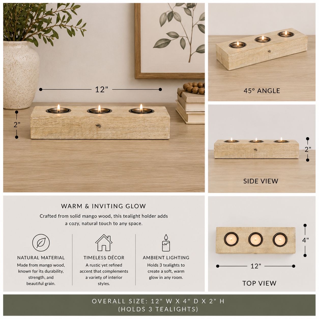 12" Mango Wood Tea Light Holder - Natural