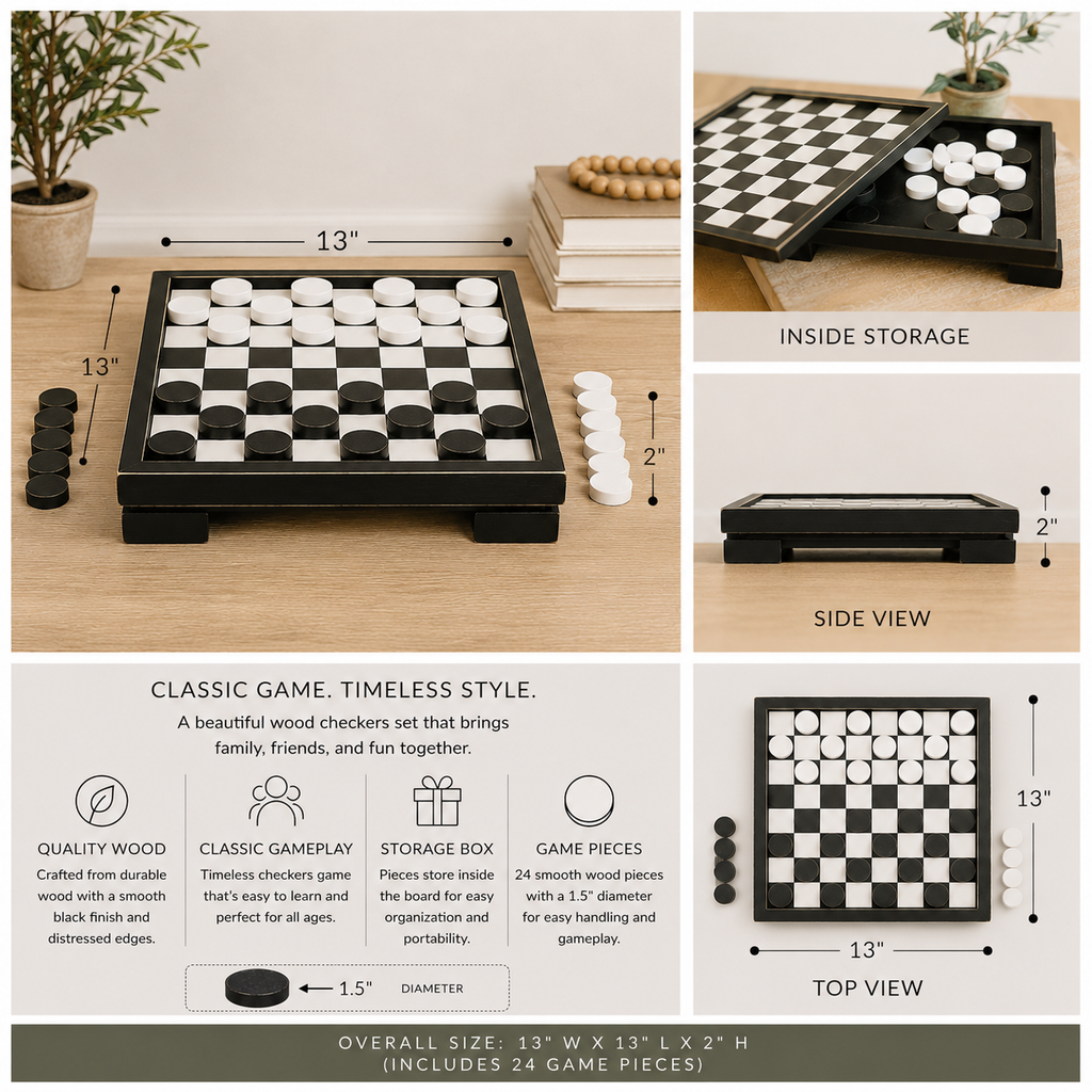 13" Wood Checkers Game Set - Black & White