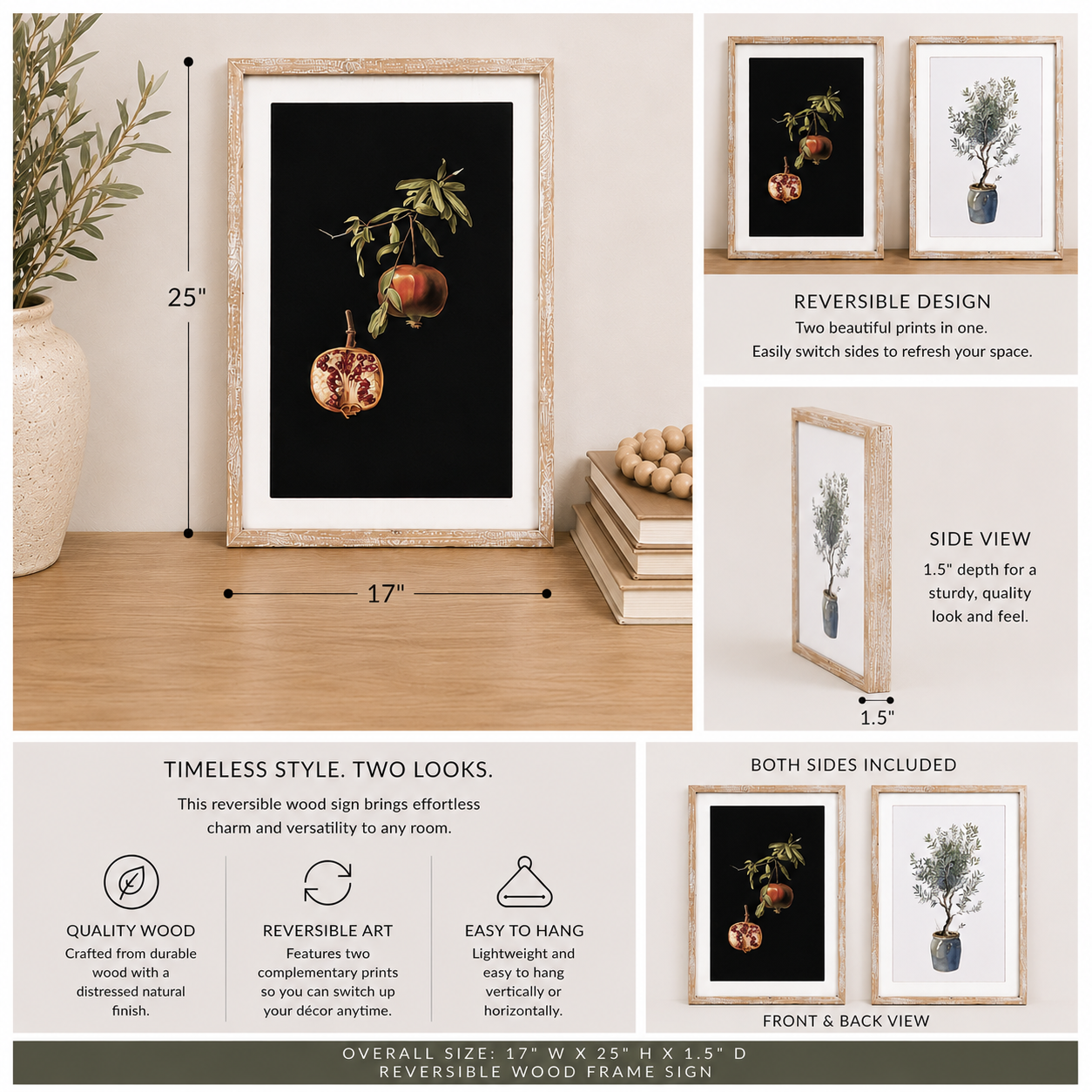 17" x 25" Reversible Wood Framed Wall Art - Pomegranate/Plant | Multicolor