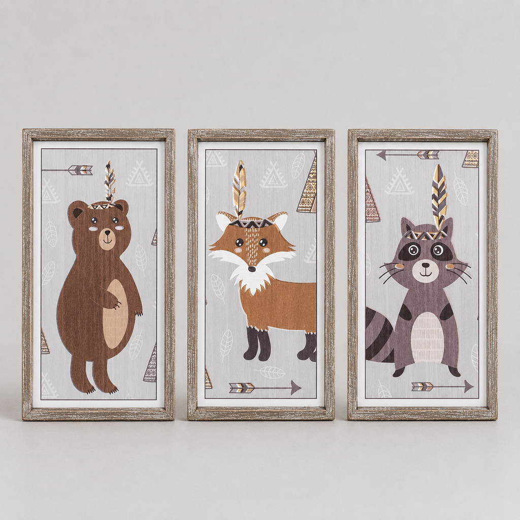 Set of 3 Wood Framed Signs – Fox, Raccoon and Bear | Multicolor
