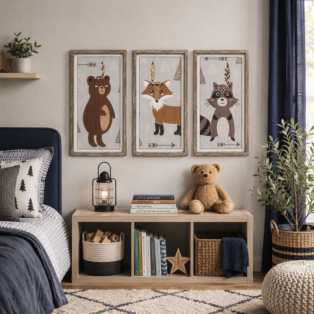 Set of 3 Wood Framed Signs – Fox, Raccoon and Bear | Multicolor