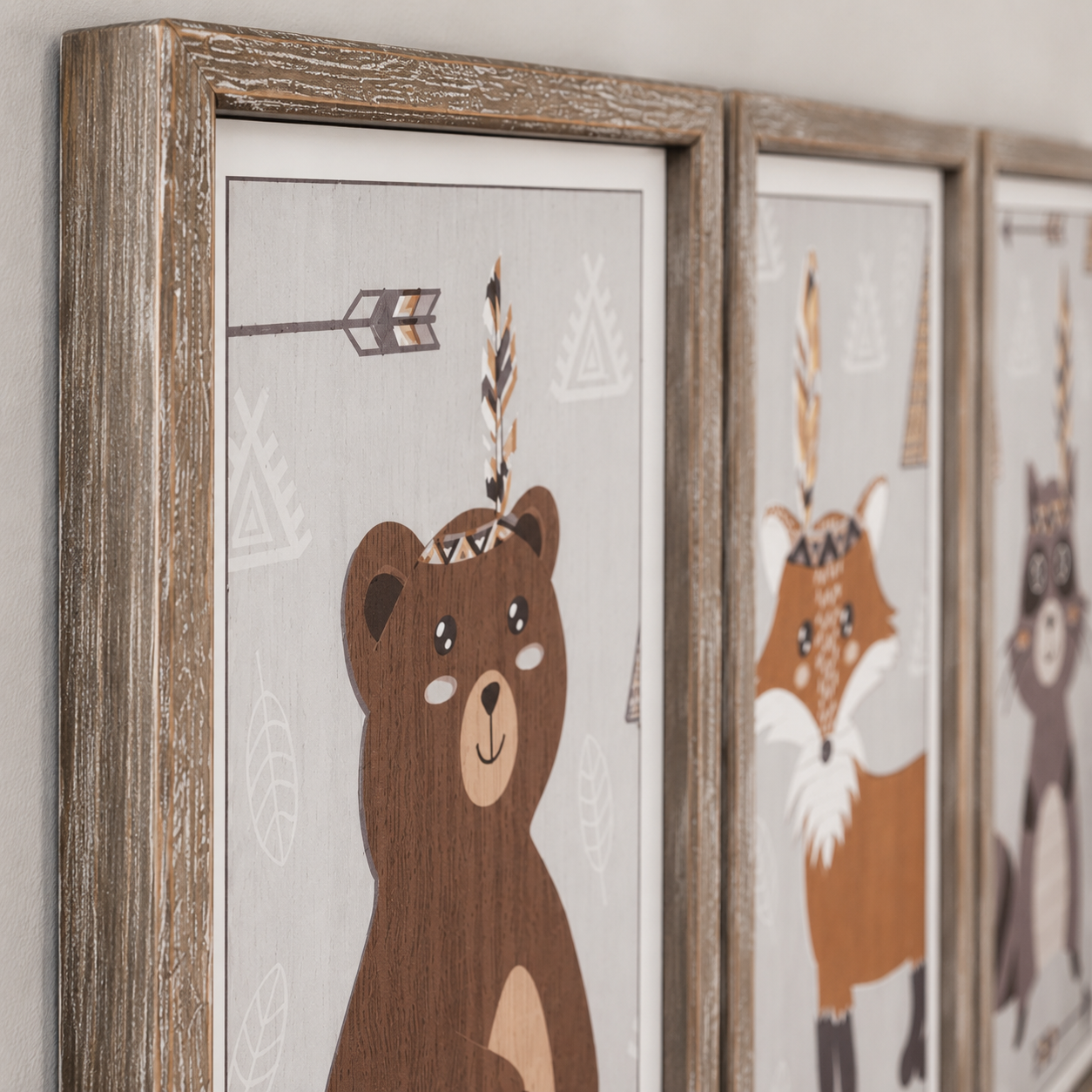 Set of 3 Wood Framed Signs – Fox, Raccoon and Bear | Multicolor