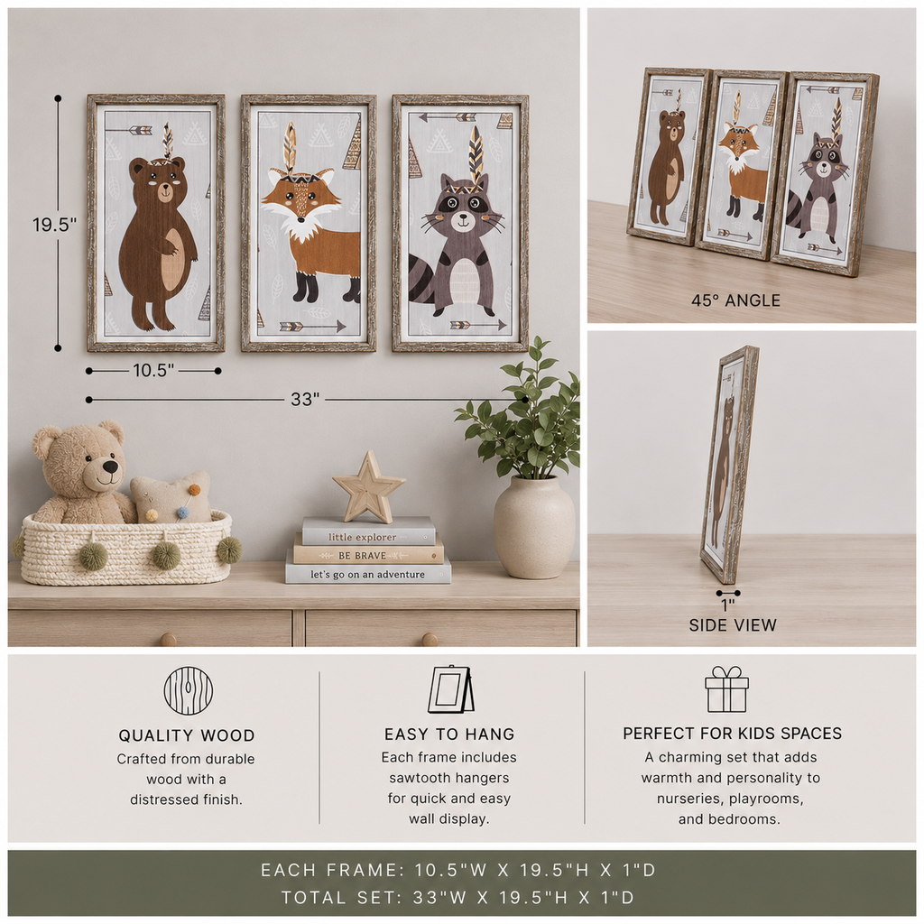 Set of 3 Wood Framed Signs – Fox, Raccoon and Bear | Multicolor