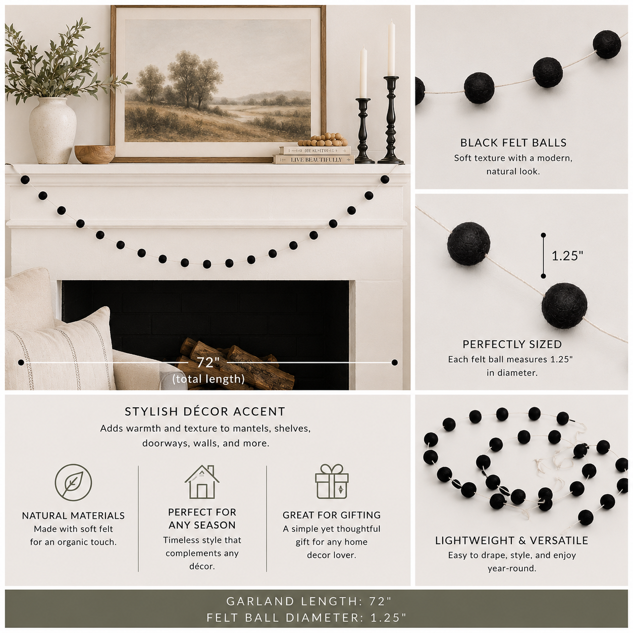 72" Felt Ball Garland | Black