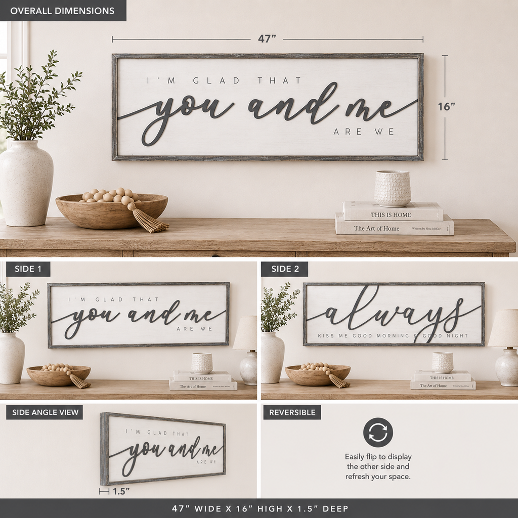 47" x 16" Reversible Wood Framed Wall Art - You/me | White and Gray