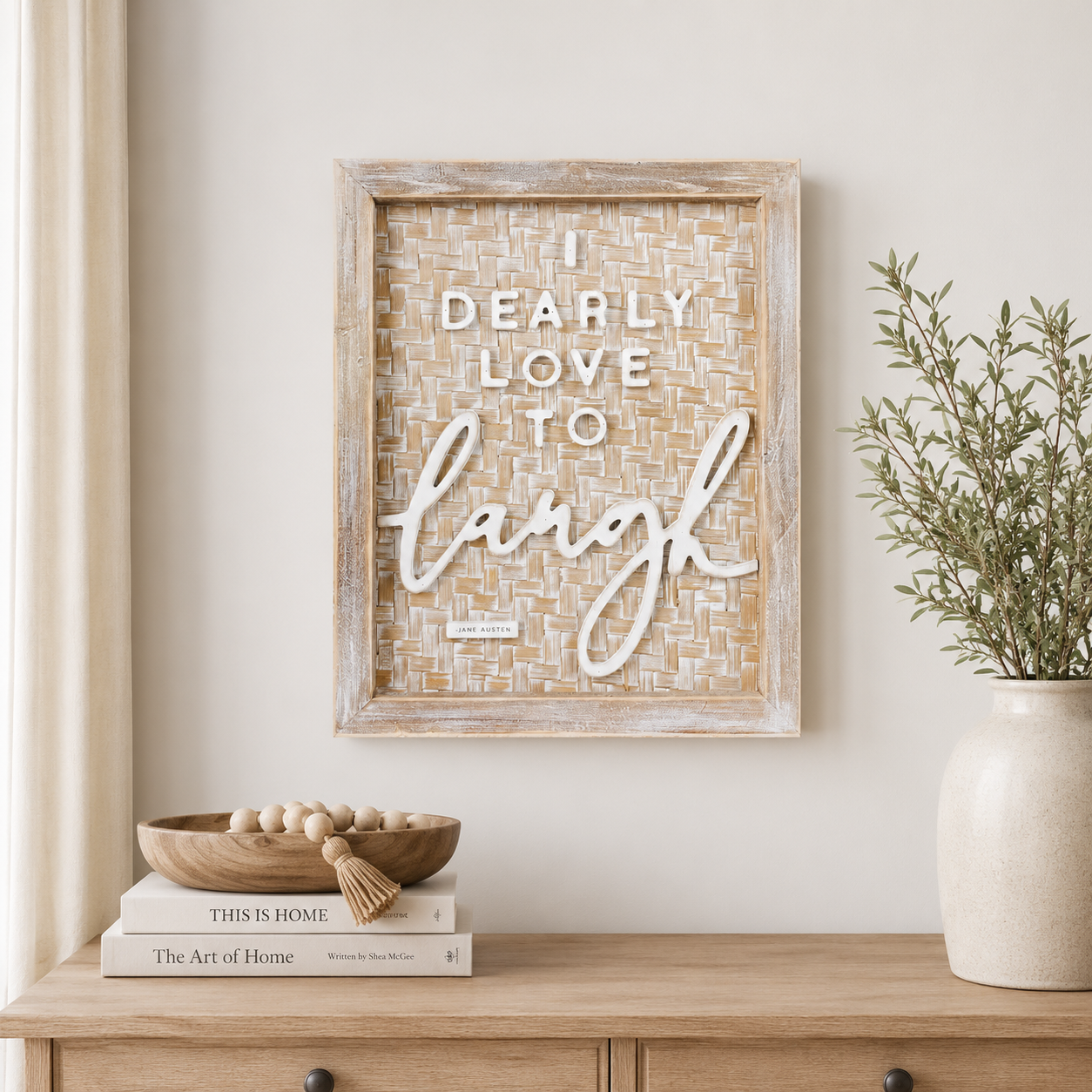16" x 20" Bamboo Wood Framed Wall Art - Laugh | White, Brown and Natural