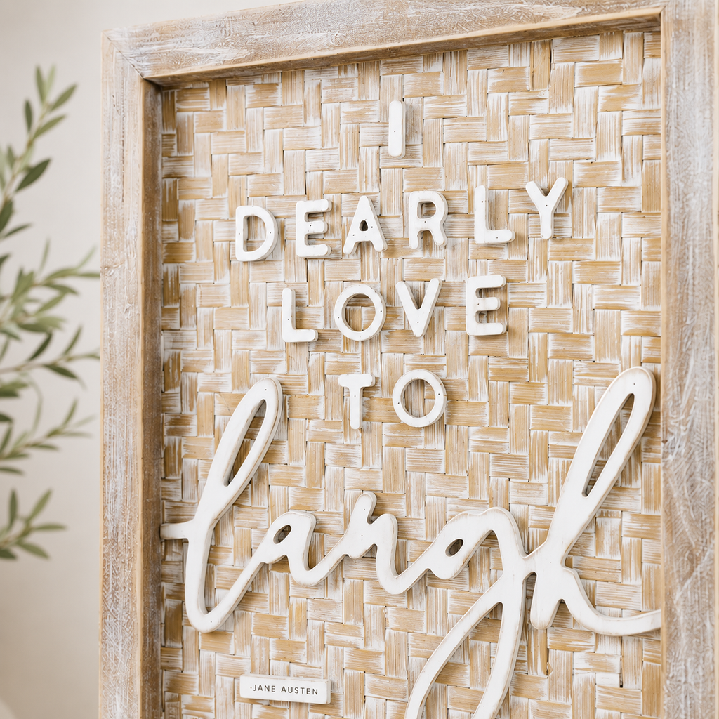 16" x 20" Bamboo Wood Framed Wall Art - Laugh | White, Brown and Natural