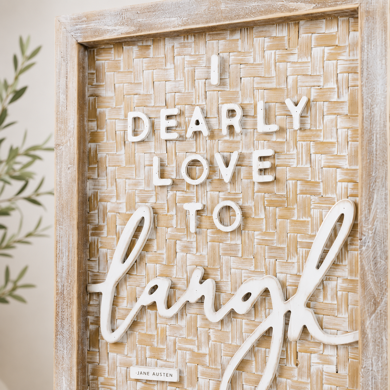 16" x 20" Bamboo Wood Framed Wall Art - Laugh | White, Brown and Natural