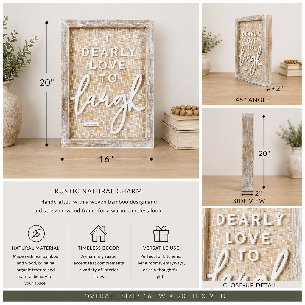 16" x 20" Bamboo Wood Framed Wall Art - Laugh | White, Brown and Natural