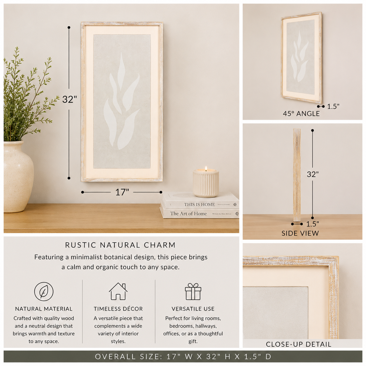 17" x 32" Wood Framed Wall Art - Wheat | Cream and Gray