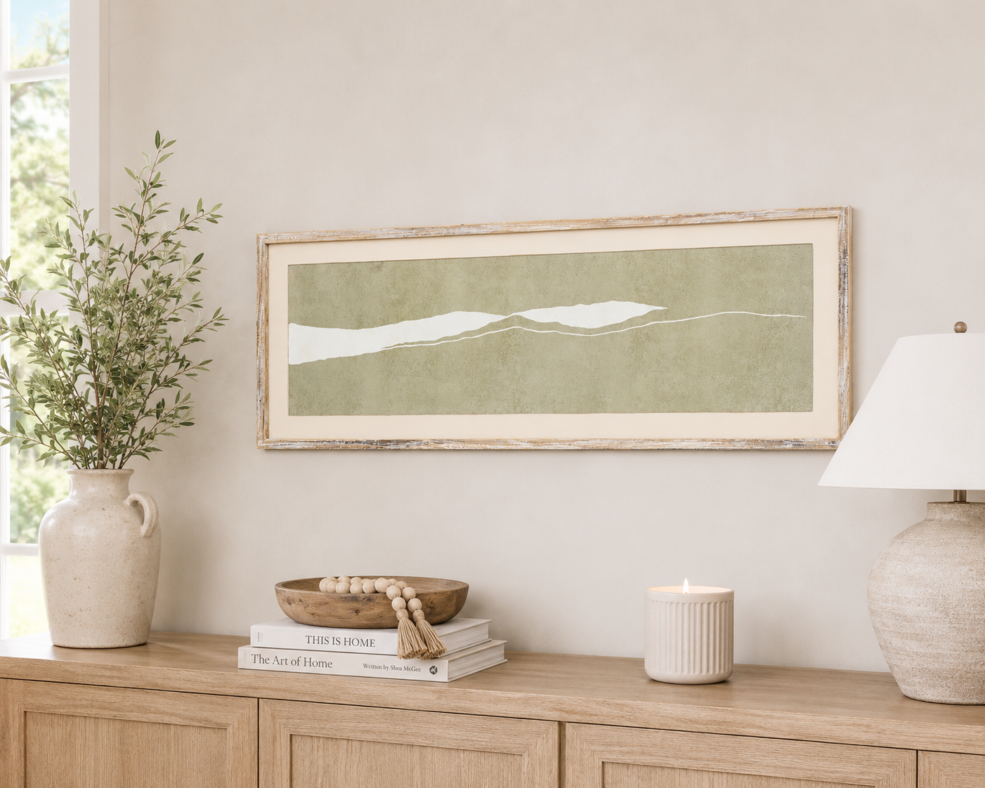 47" x 16" Wood Framed Wall Art - Plateau | Cream and Gray