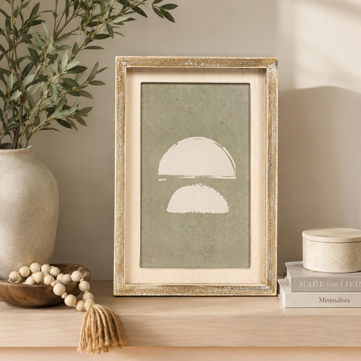 9" x 13" Wood Framed Sign - Half Circle Abstract | Sage and Cream