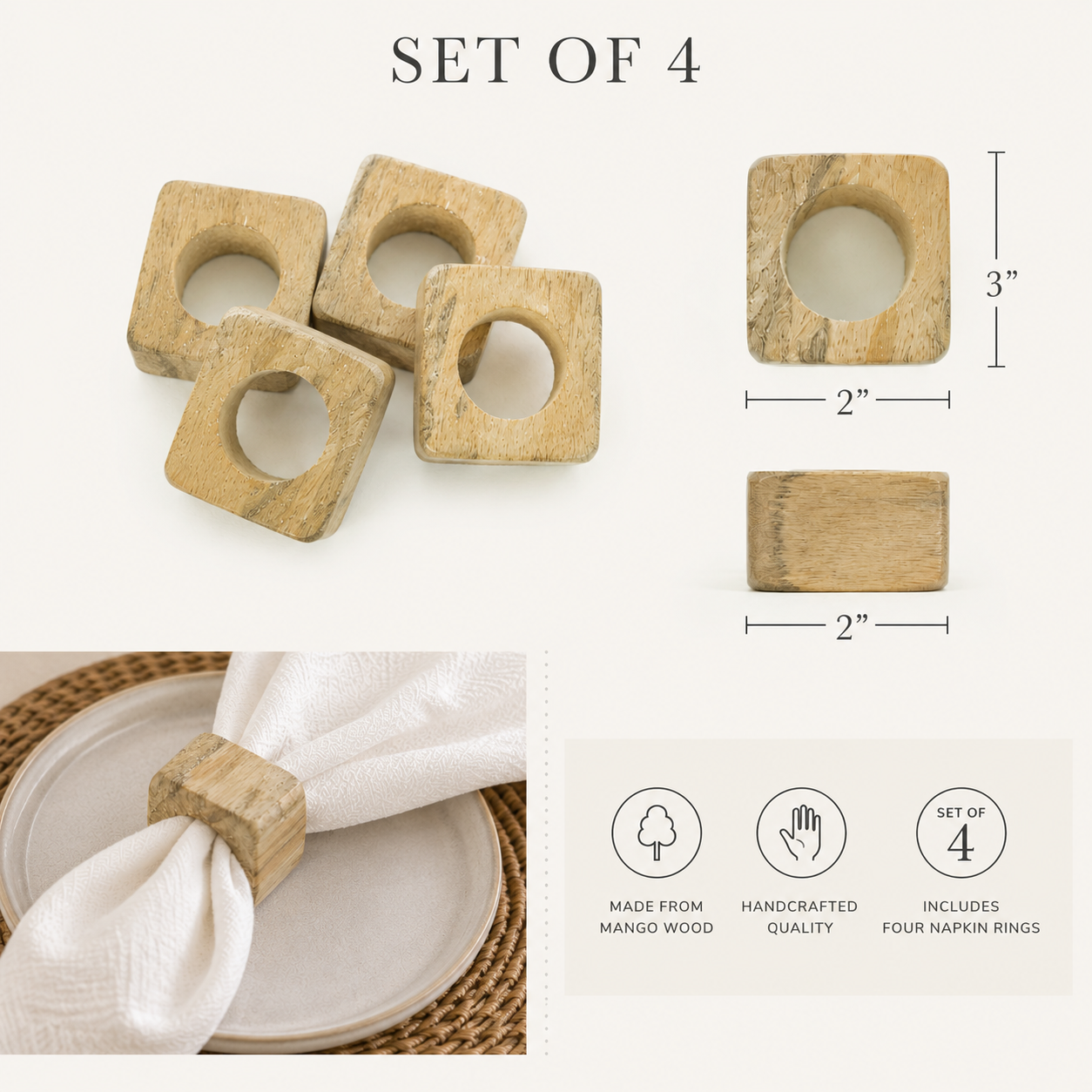 3" Mango Wood Square Napkin Rings - Natural (Set of 4)