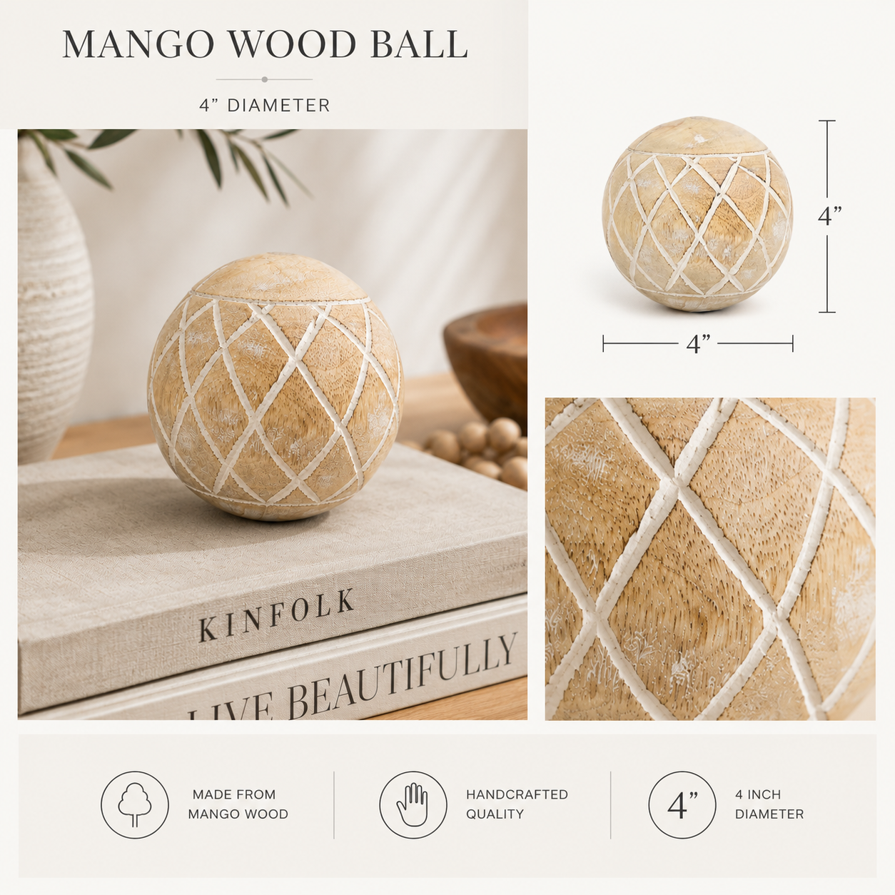 4" Mango Wood Ball - Diamond, Natural/White