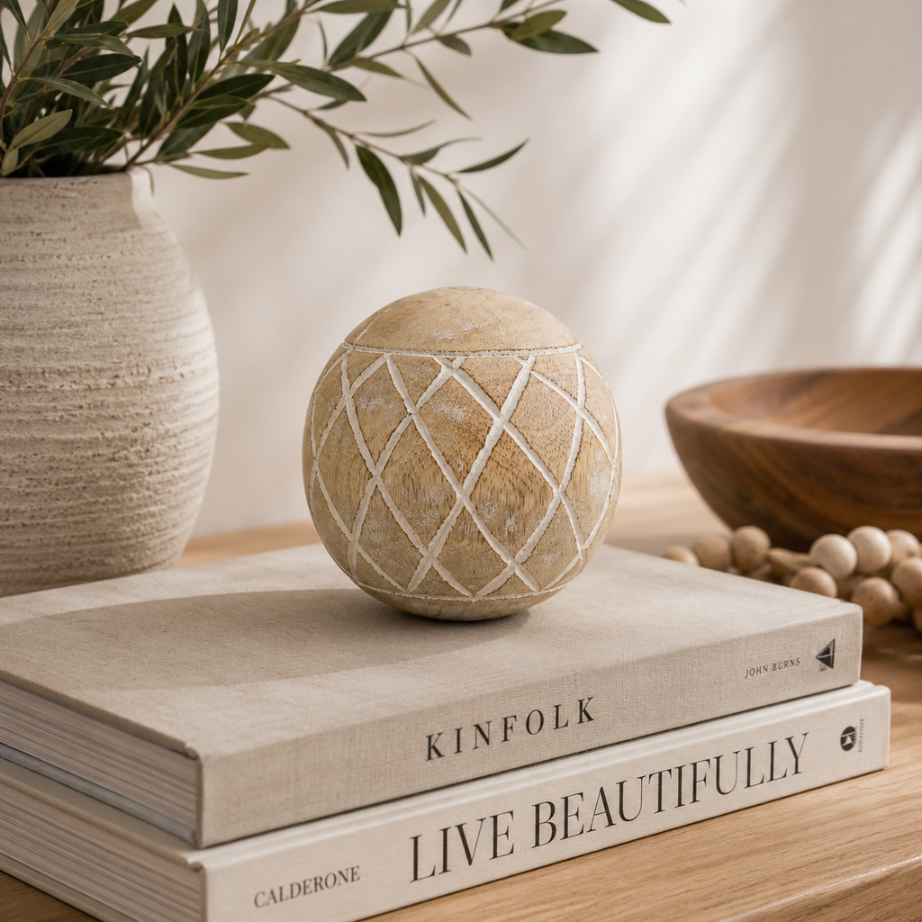 4" Mango Wood Ball - Diamond, Natural/White