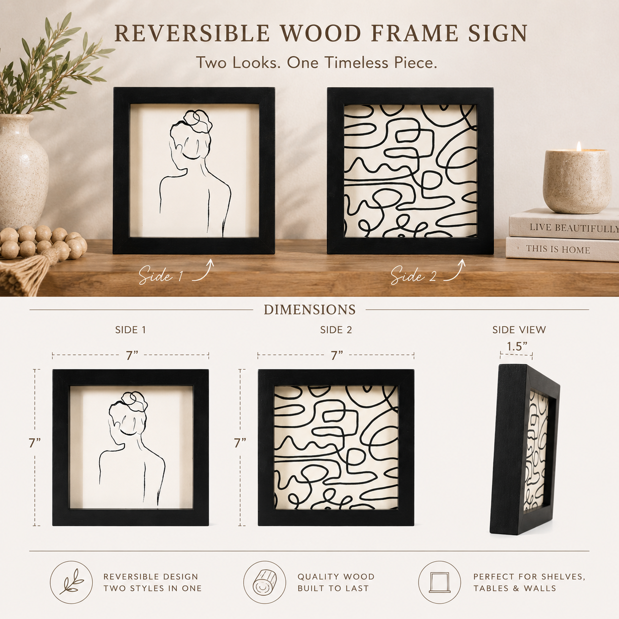 7" Reversible Wood Framed Sign - Squiggle/Woman | White and Black
