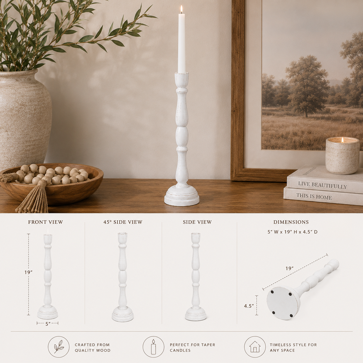 19" Wood Candle Holder - White