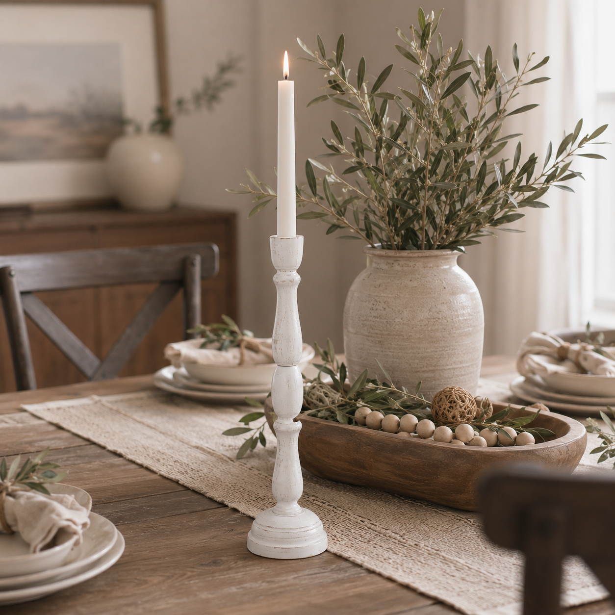 19" Wood Candle Holder - White