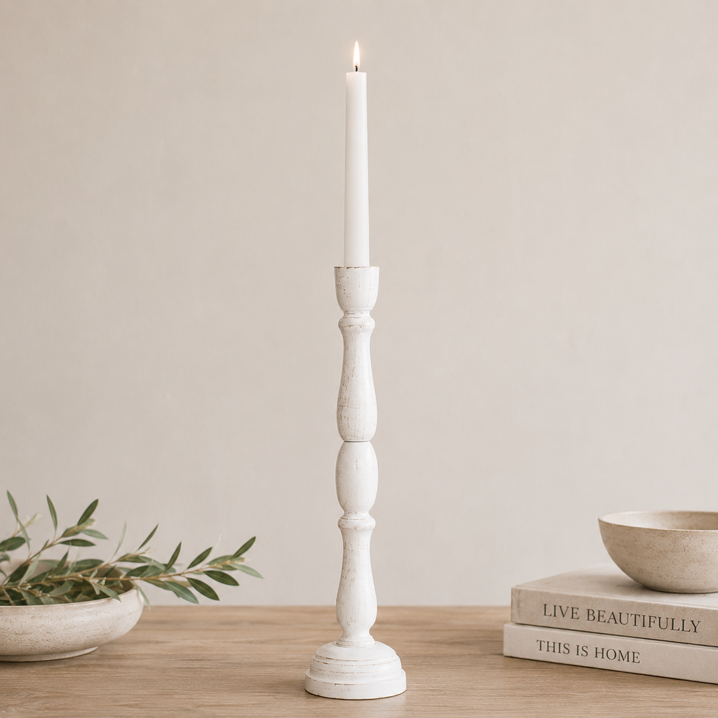 19" Wood Candle Holder - White