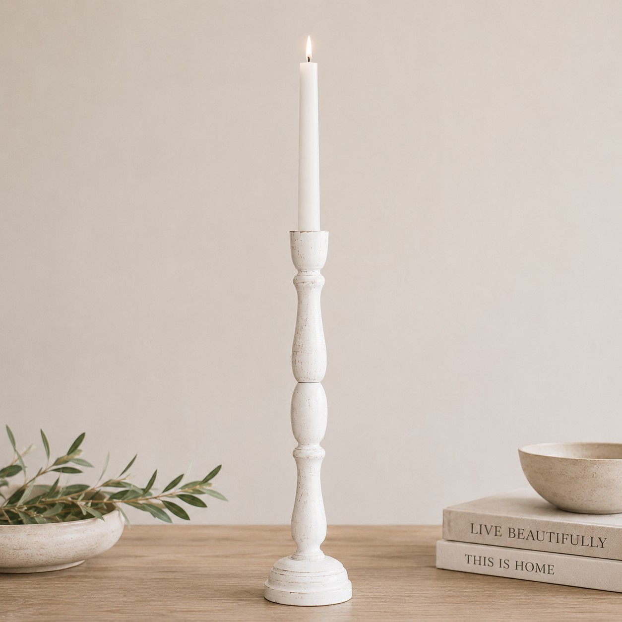 19" Wood Candle Holder - White