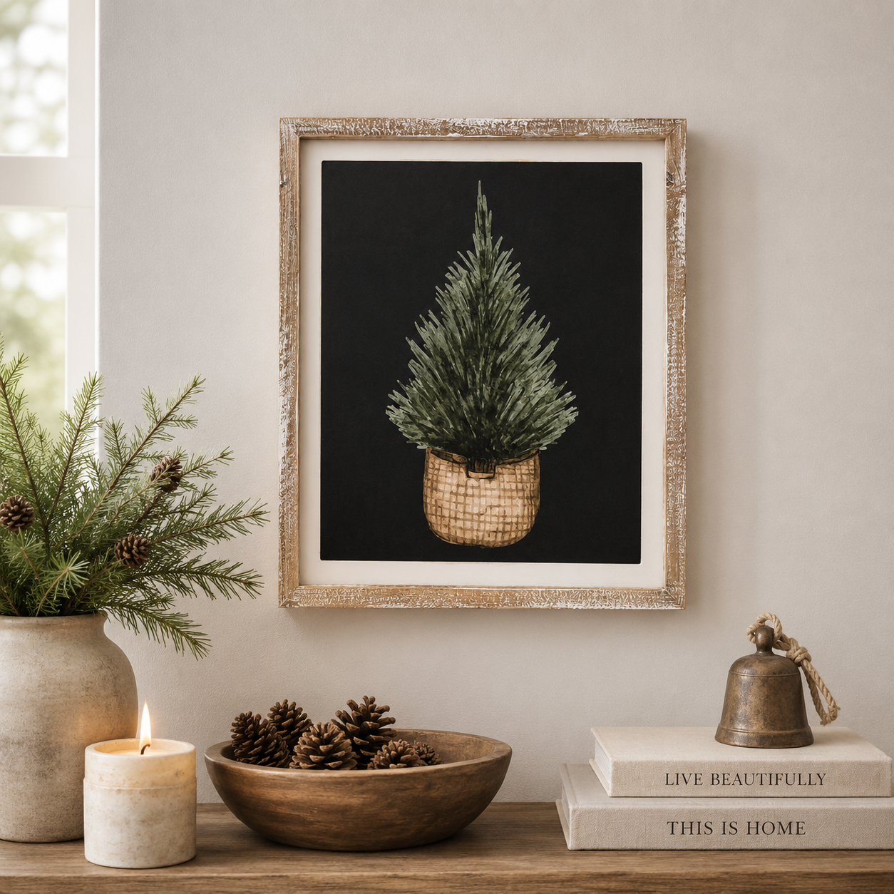 16" x 19" Reversible Wood Framed Wall Art - Pinetree/Leaves | Multicolor