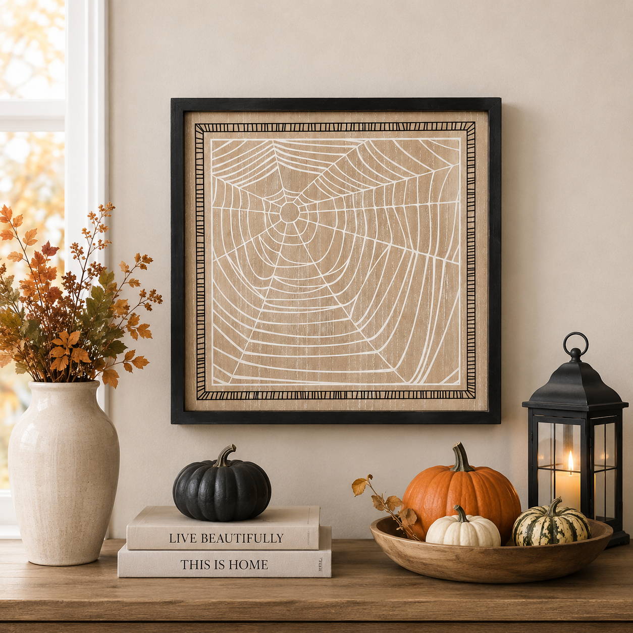 20" Reversible Wood Framed Wall Art - Web and Leaves | Multicolor