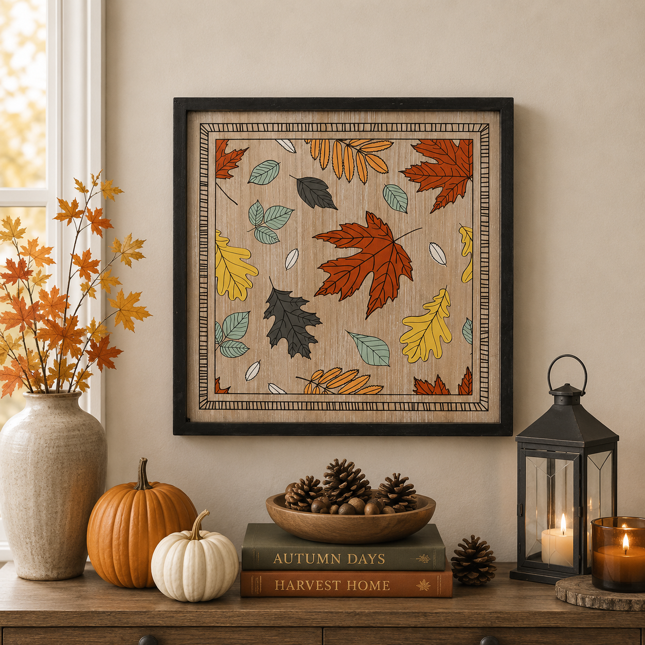 20" Reversible Wood Framed Wall Art - Web and Leaves | Multicolor