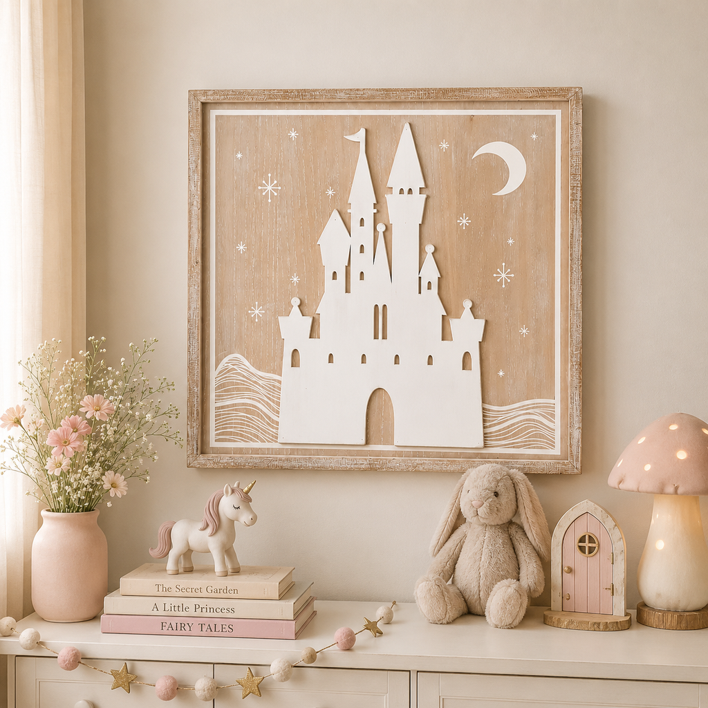 25" Reversible Wood Framed Wall Art - Haunted/Castle | Natural, White and Black