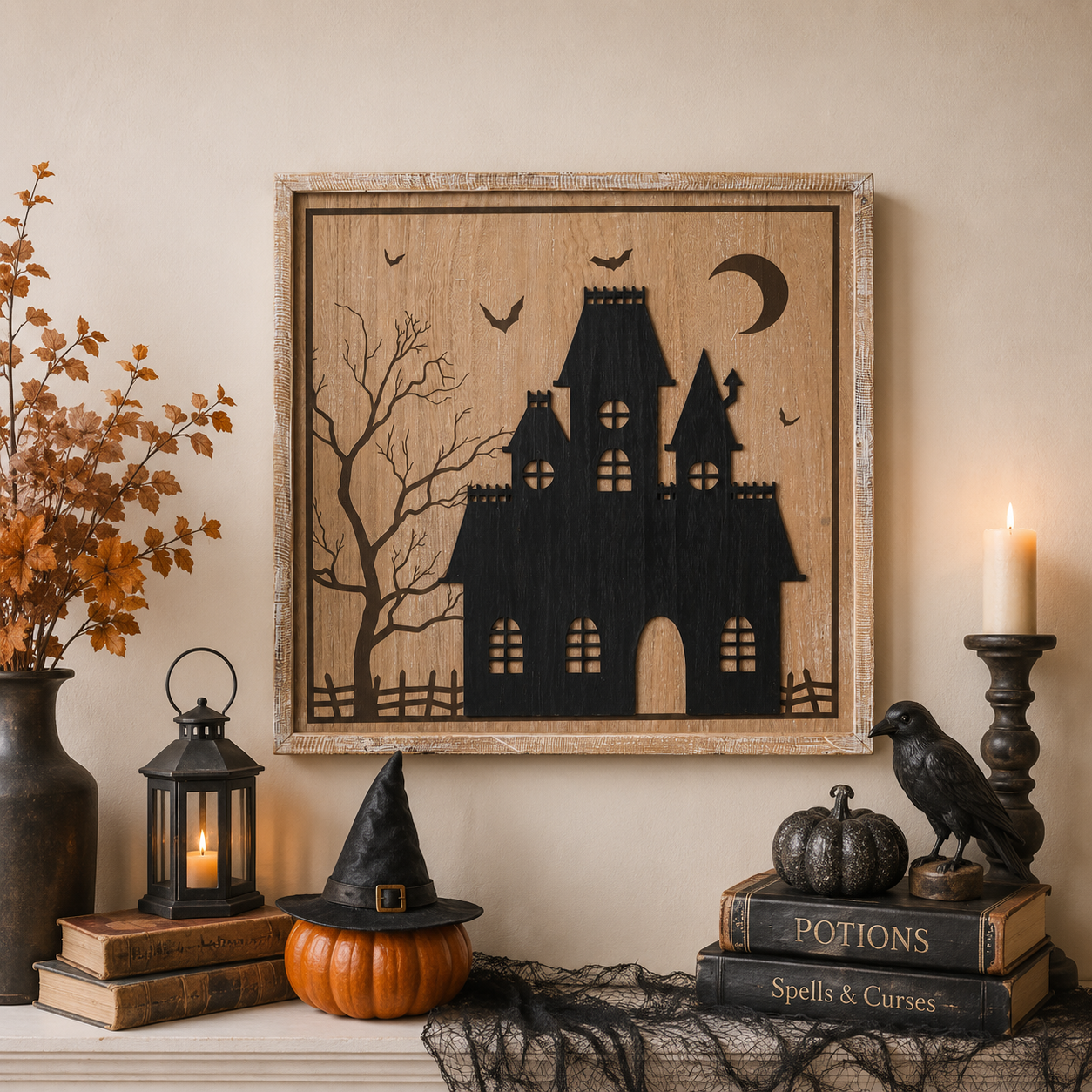 25" Reversible Wood Framed Wall Art - Haunted/Castle | Natural, White and Black