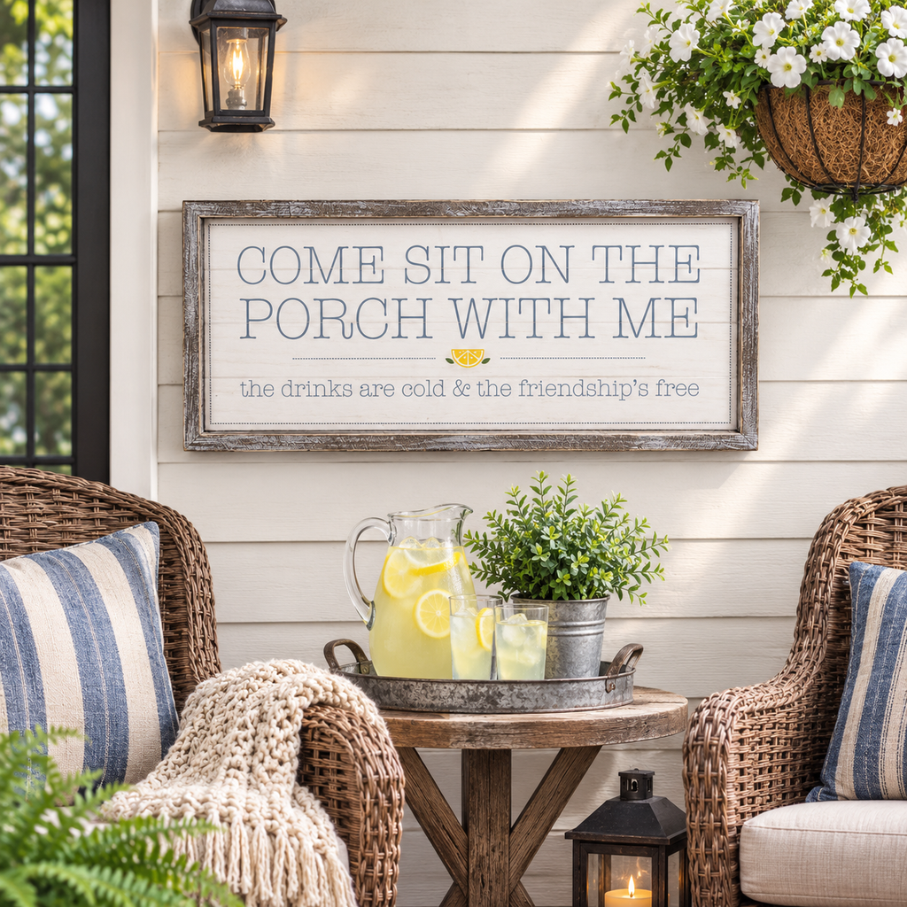 25" x 11" Reversible Wood Framed Wall Art - Porch and Friends | Multicolor