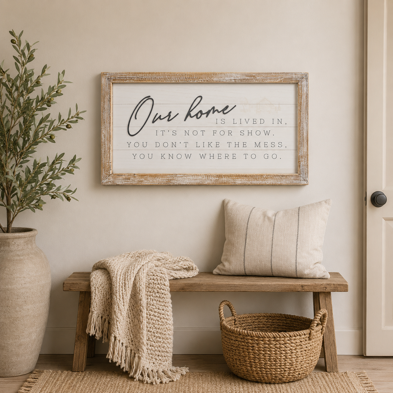 25" x 14" Reversible Wood Framed Wall Art - Lived In/Memories | White, Gray and Tan