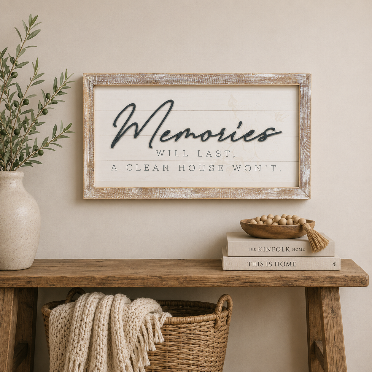 25" x 14" Reversible Wood Framed Wall Art - Lived In/Memories | White, Gray and Tan