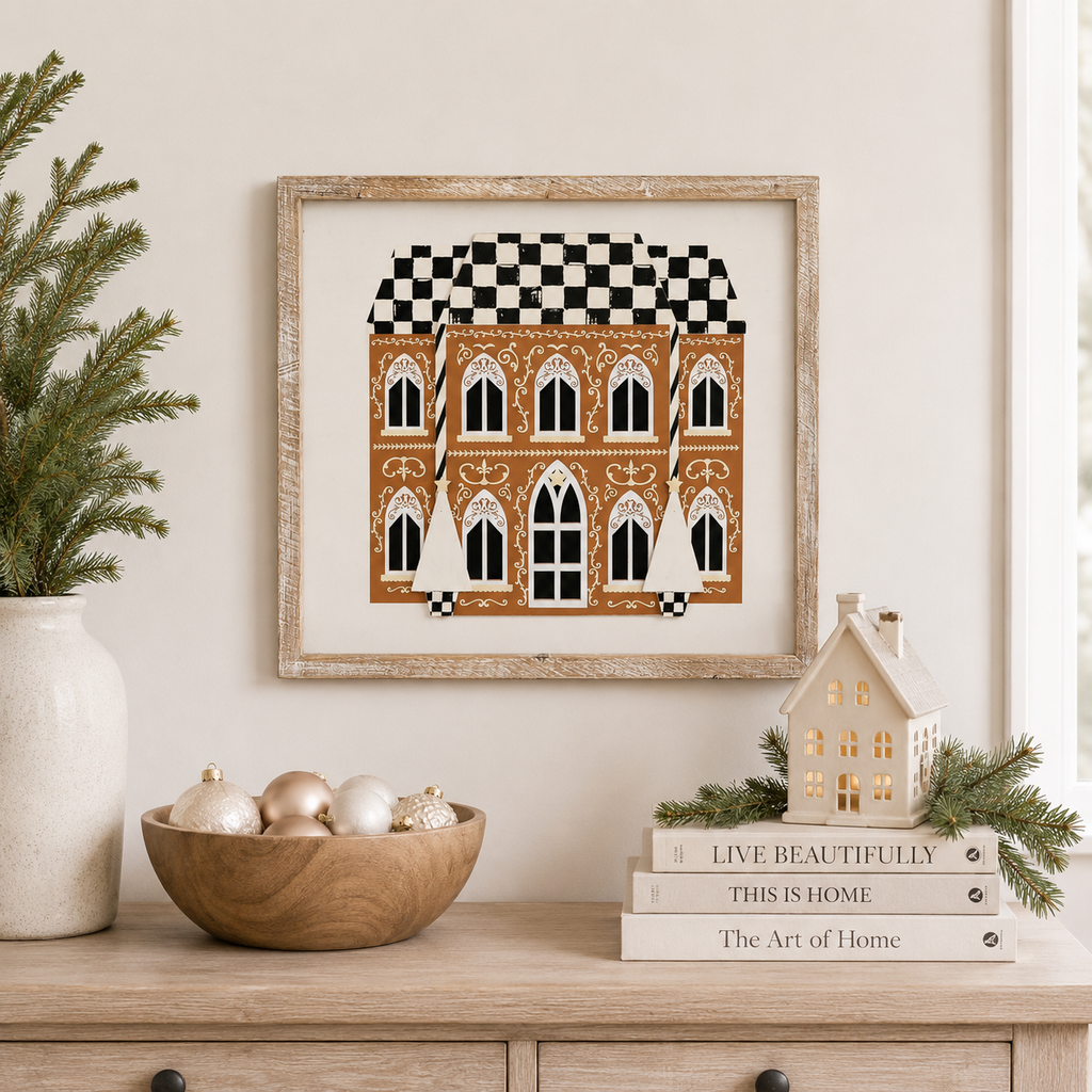 19" x 17" Reversible Wood Framed Wall Art - House/Fruits | Multicolor