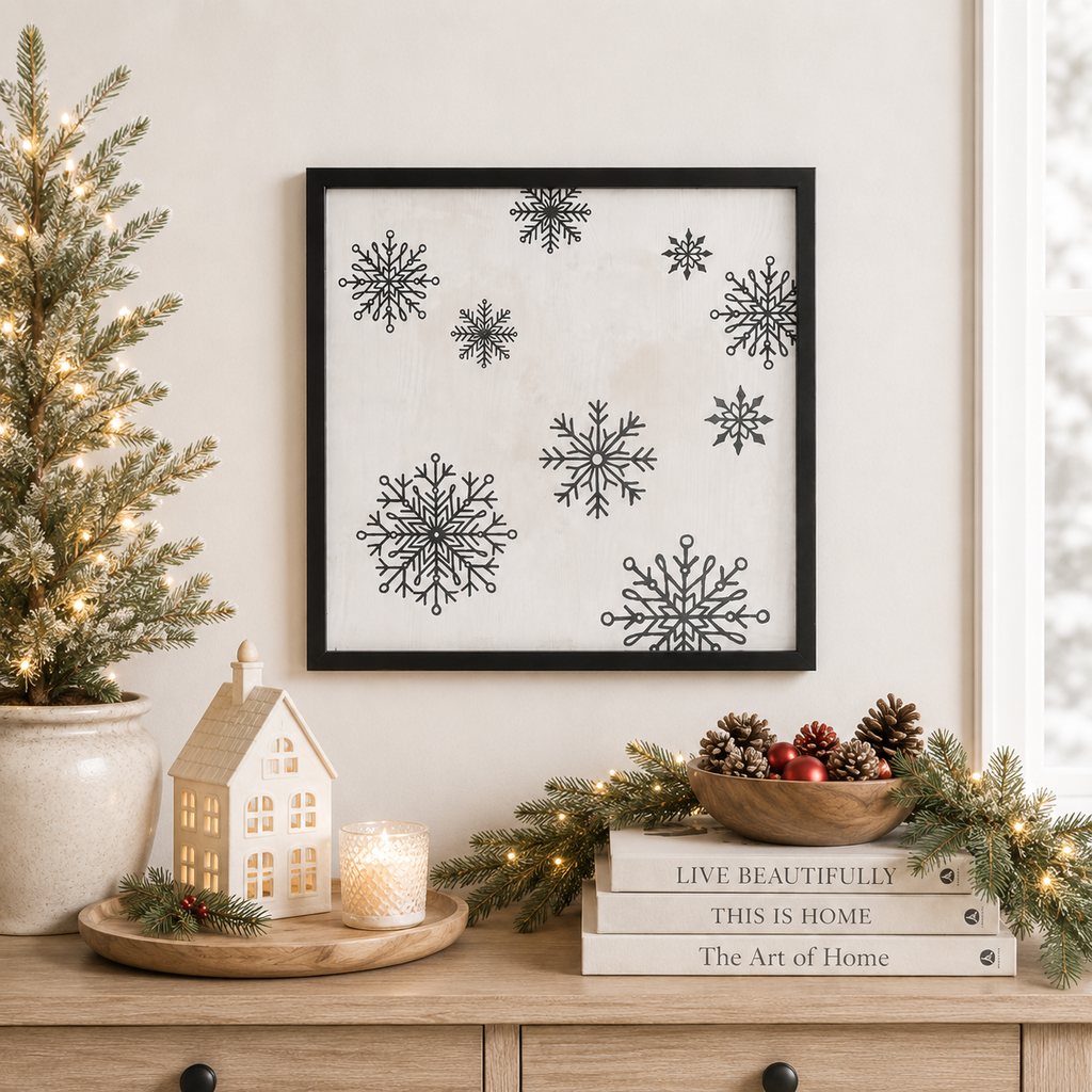 20" Reversible Wood Framed Wall Art - Snowflake/Stem | White, Black and Green