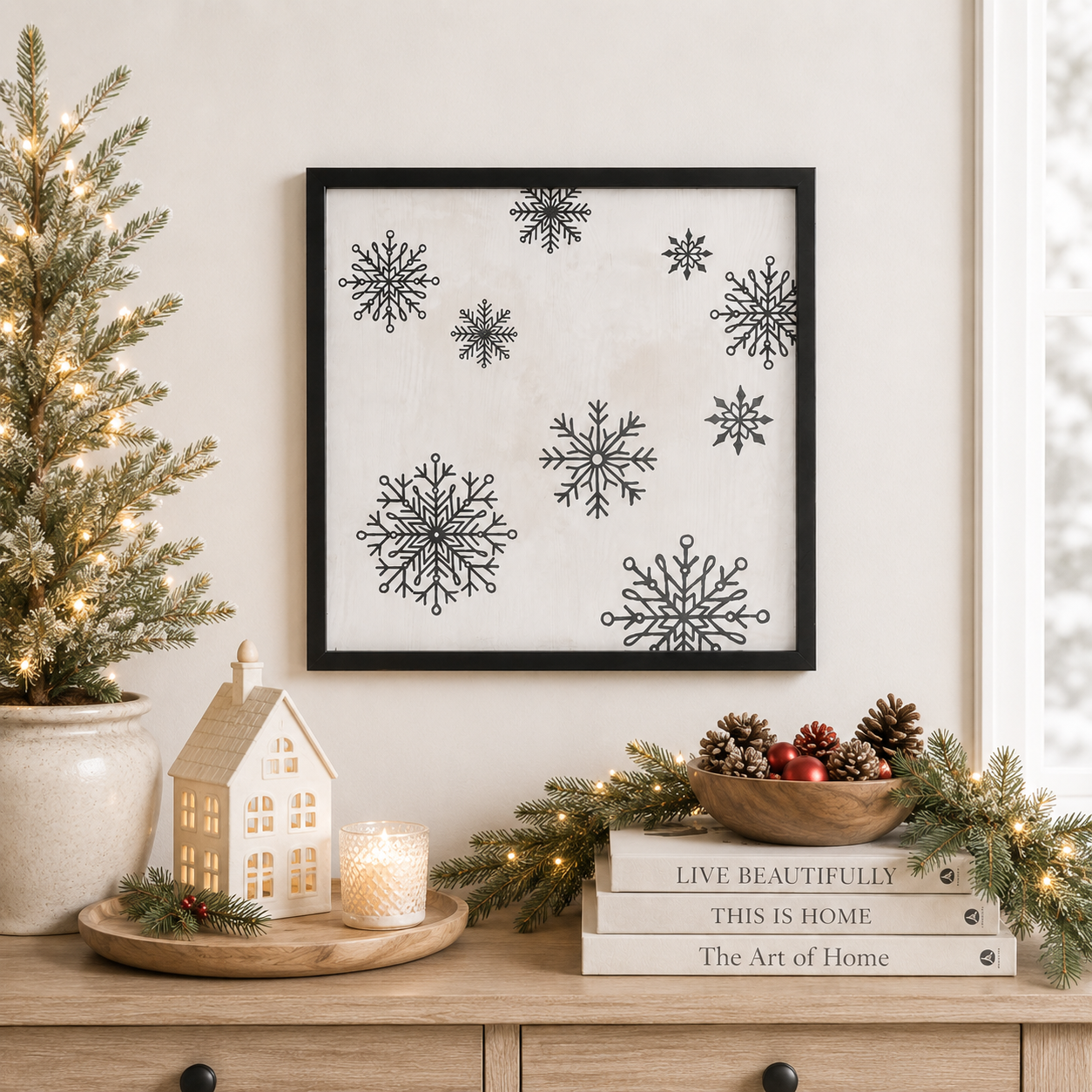 20" Reversible Wood Framed Wall Art - Snowflake/Stem | White, Black and Green