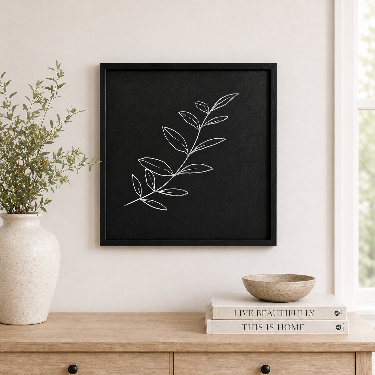20" Reversible Wood Framed Wall Art - Snowflake/Stem | White, Black and Green