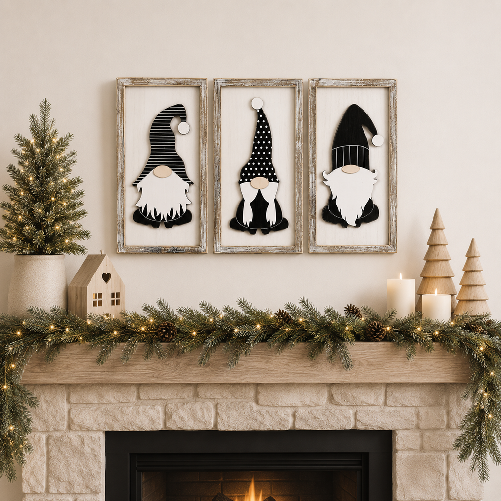 9" x 17" Reversible Wood Framed Wall Art Set of 3 - Gnomes and Greenery
