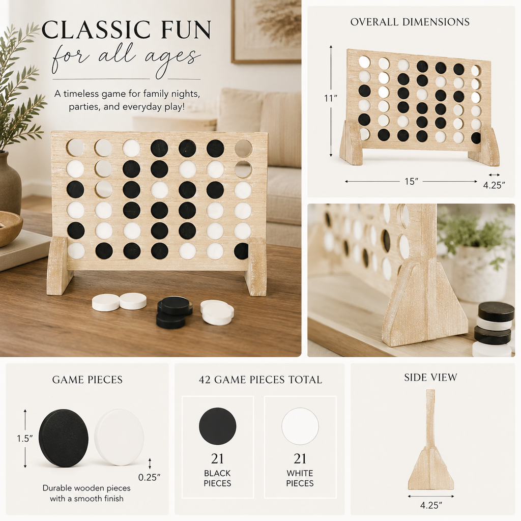 15" Wood Four in a Row Game - Natural & White | Includes 42 Pieces