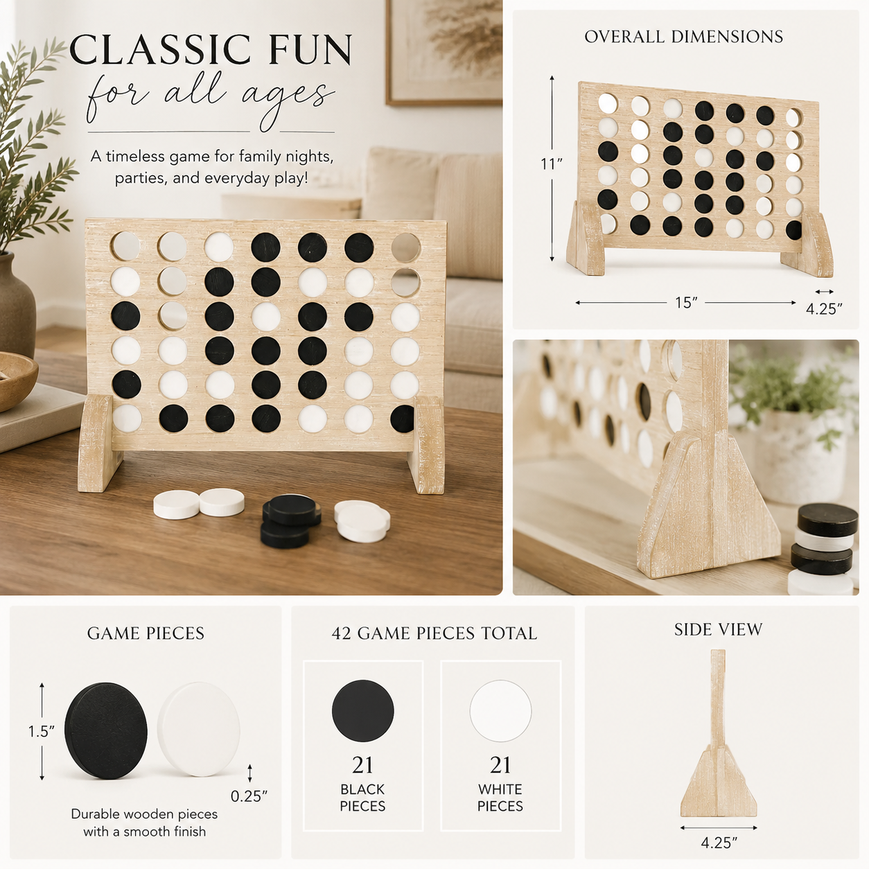 15" Wood Four in a Row Game - Natural & White | Includes 42 Pieces